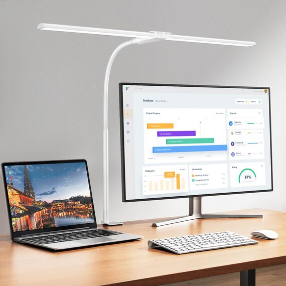 Schreibtischlampe LED Dimmbar, 1200 Lumen Doppelkopf Schreibtischlampe Klemmbar für Homeoffice, Augenschutz Schwanenhals Büro Tischlampe, Monitor Lampe Schwarz mit 5 Farbtemperatur-Helligkeitsstufen