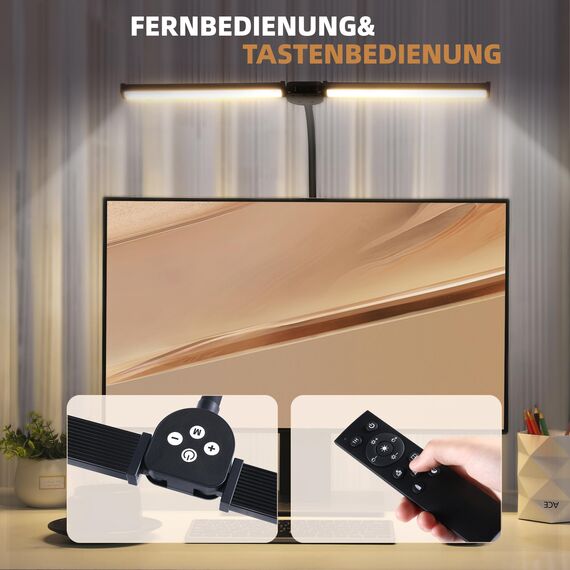 Schreibtischlampe LED Dimmbar, Schreibtischlampe Klemmbar mit Fernbedienungen, 5 Farben und 5 Helligkeitsstufen Monitor Lampe, Büro Tischlampe, Tageslichtlampe Schreibtisch, Speicherfunktion, Schwarz