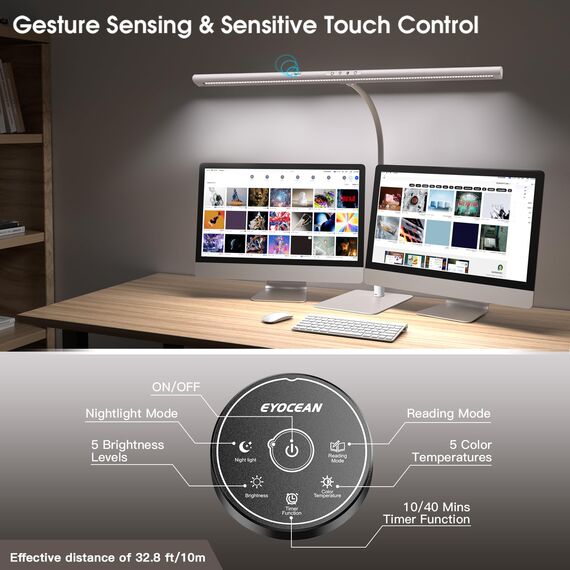 EYOCEAN Schreibtischlampe LED mit Gestensteuerung & Fernbedienung, Dimmbare Monitor Lampe 24W 80cm, Tageslichtlampe Schreibtisch für Homeoffice, Bürolampe mit Sockel, Tischlampe, Mattweiß