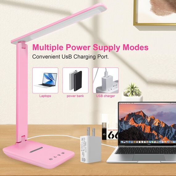 Jumoking Schreibtischlampe LED Dimmbar Augenschutz,Desk Lamp mit 5 Farben und 5 Helligkeitsstufen,Tischlampemit USB Ladeanschluss Touch Steuerung für Kinder, Schlafzimmer, Lektüre, Büros (Pink)