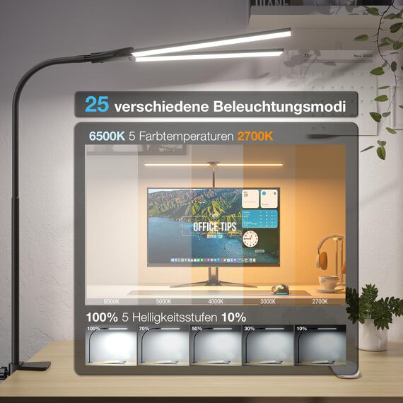 Hensam Schreibtischlampe LED Dimmbar, 1400LM Doppelkopf Schreibtischlampen Klemmbar, Bürolampe mit Schwanenhals für Zuhause und Studio, CRI>83, 5 Farbtemperatur-Helligkeitsstufen, Schwarz