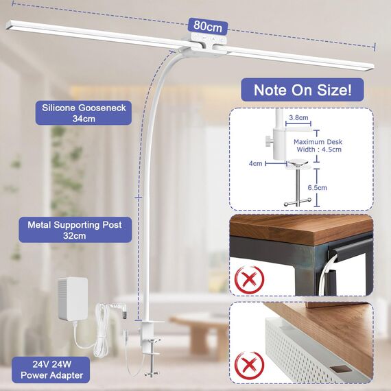 EppieBasic 24W Doppelkopf Schreibtischlampe LED Dimmbar, 80cm Groß Schreibtischlampe Klemmbar mit Touch, Augenschutz Schwanenhals Büro Tischlampe, Monitor Lampe, Automatisch dimmen, Timer - Weiß