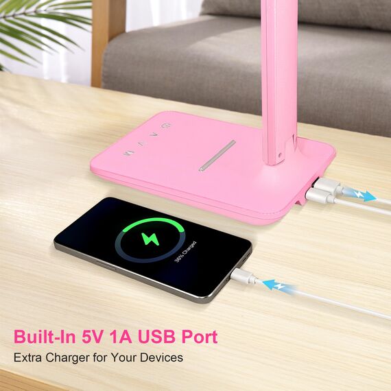Jumoking Schreibtischlampe LED Dimmbar Augenschutz,Desk Lamp mit 5 Farben und 5 Helligkeitsstufen,Tischlampemit USB Ladeanschluss Touch Steuerung für Kinder, Schlafzimmer, Lektüre, Büros (Pink)