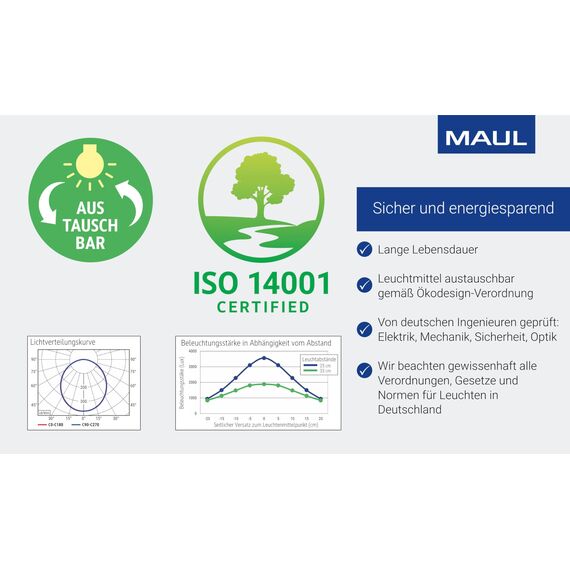 MAUL Schreibtischlampe LED MAULjoy | Kleine Schreibtischlampe mit Standfuß | Moderne Tischlampe für Schreibtisch, Büro | Flexible LED Lampe mit 3000K warmweißem LED Licht | Schwarz