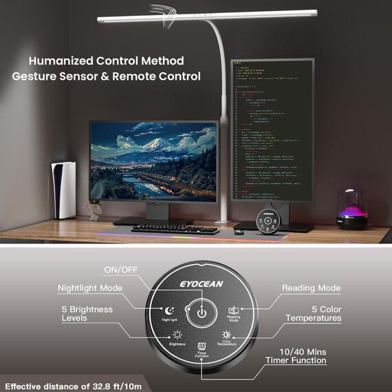 EYOCEAN Schreibtischlampe LED, 24W 80cm Tischlampe mit Gestensteuerung & Fernbedienung, Dimmbare Tageslichtlampe, Monitor Lampe für Büroangestellte, Studente, Designer, Künstler, Videoeditoren