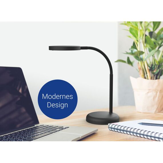 MAUL Schreibtischlampe LED MAULjoy | Kleine Schreibtischlampe mit Standfuß | Moderne Tischlampe für Schreibtisch, Büro | Flexible LED Lampe mit 3000K warmweißem LED Licht | Schwarz