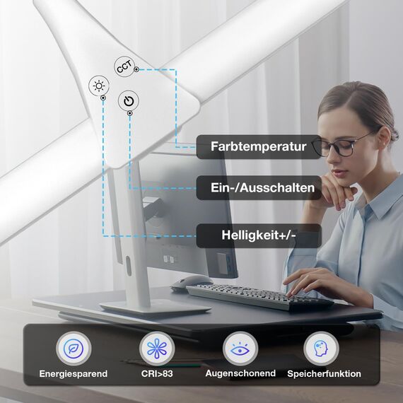 Hensam Schreibtischlampe LED für Büro, Tageslichtlampe für Monitor, 1400LM, Dimmbar, Klemmbar, Arbeitsplatzleuchte, Schwanenhals, Doppelkopf, 5 Farbmodi-Helligkeitsstufen, Weiß