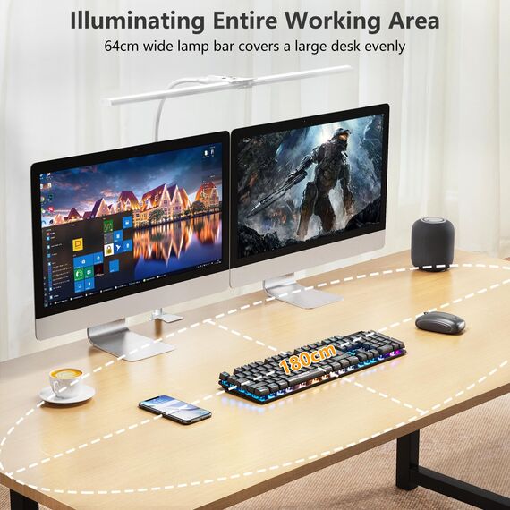 Schreibtischlampe LED Dimmbar, 1200 Lumen Doppelkopf Schreibtischlampe Klemmbar für Homeoffice, Augenschutz Schwanenhals Büro Tischlampe, Monitor Lampe Schwarz mit 5 Farbtemperatur-Helligkeitsstufen