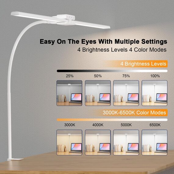 EppieBasic 24W Doppelkopf Schreibtischlampe LED Dimmbar, 80cm Groß Schreibtischlampe Klemmbar mit Touch, Augenschutz Schwanenhals Büro Tischlampe, Monitor Lampe, Automatisch dimmen, Timer - Weiß