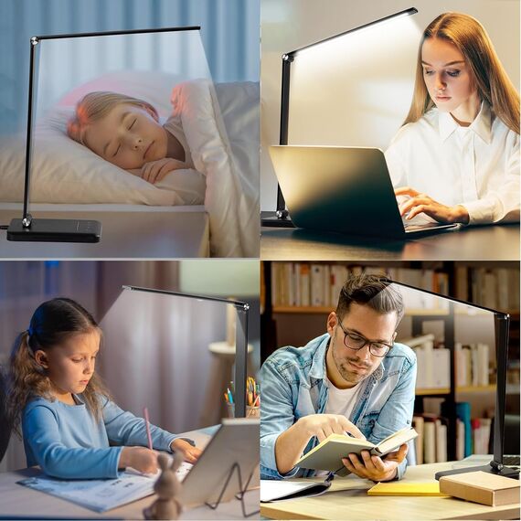 BIENSER Schreibtischlampe LED Dimmbar - 560LM Bürolampe Desk Lamp mit 5 Farbmodi & 10 Helligkeitsstufen, 10W Schreibtisch Lampe mit Nachtlicht, USB-Anschluss, Memory-Funktion & Auto Timer - Schwarz