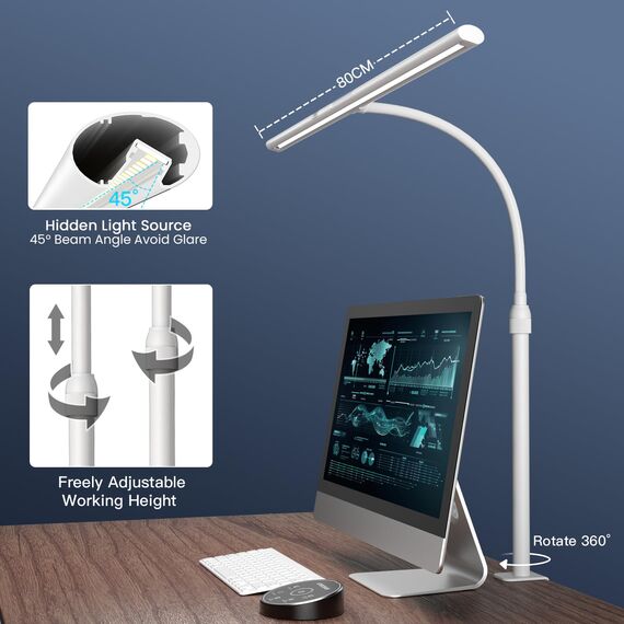 EYOCEAN Schreibtischlampe LED, 24W 80cm Tischlampe mit Gestensteuerung & Fernbedienung, Dimmbare Tageslichtlampe, Monitor Lampe für Büroangestellte, Studente, Designer, Künstler, Videoeditoren