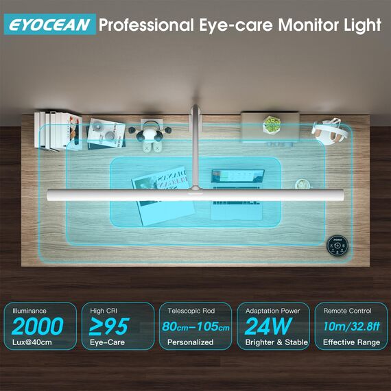 EYOCEAN Schreibtischlampe LED, 24W 80cm Tischlampe mit Gestensteuerung & Fernbedienung, Dimmbare Tageslichtlampe, Monitor Lampe für Büroangestellte, Studente, Designer, Künstler, Videoeditoren