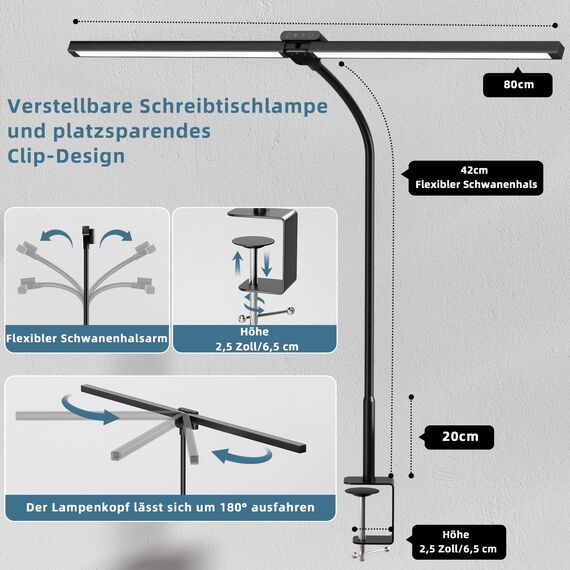 brightower Doppelkopf Schreibtischlampe LED Dimmbar, 24W 80CM Schreibtischlampe klemmbar für Homeoffice, Augenschutz Tageslichtlampe mit Fernbedienungen, Schwanenhals Büro Tischlampe 5 Farbmodi