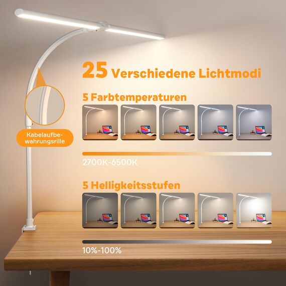 APMIEK Doppelkopf Schreibtischlampe LED Dimmbar, 24W 25 Beleuchtungsmodi, Klemmbar Tageslichtlampe Schreibtisch Lampe, Schwanenhals Büro Tischlampe, Augenschutz Monitor Lampe, Weiß