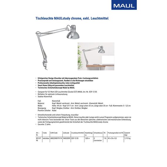 MAUL Schreibtischlampe MAULstudy | Verstellbare Klemmleuchte mit Gelenkarm für Büro und Schreibtisch | Elegante Schreibtischlampe LED aus Metall | Exklusive LED-Leuchtmittel | Chrome