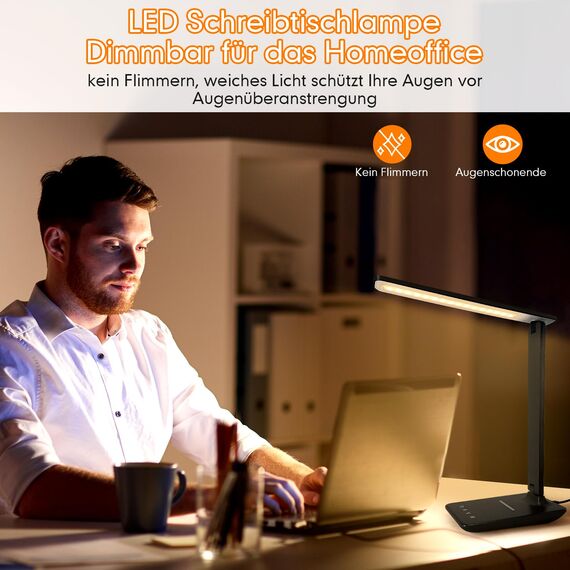 Jumoking Schreibtischlampe LED Dimmbar Augenschutz,Desk Lamp mit 5 Farben und 5 Helligkeitsstufen,Tischlampemit USB Ladeanschluss Touch Steuerung für Kinder, Schlafzimmer, Lektüre, Büros (Black Pro)