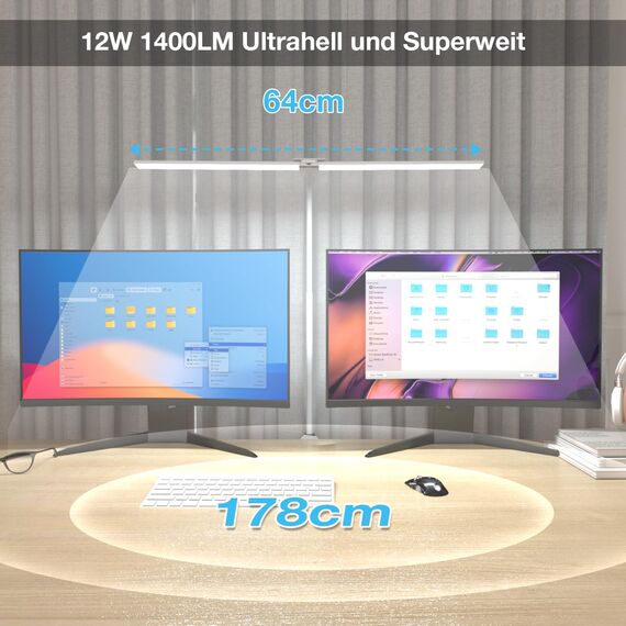 Hensam Schreibtischlampe LED für Büro, Tageslichtlampe für Monitor, 1400LM, Dimmbar, Klemmbar, Arbeitsplatzleuchte, Schwanenhals, Doppelkopf, 5 Farbmodi-Helligkeitsstufen, Weiß