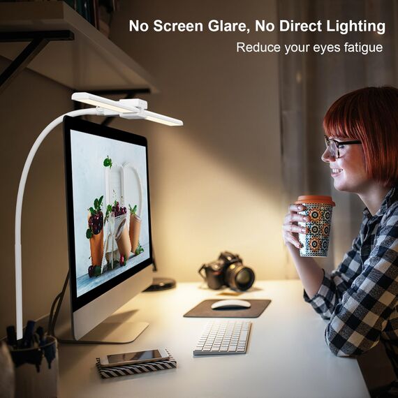 EppieBasic 24W Doppelkopf Schreibtischlampe LED Dimmbar, 80cm Groß Schreibtischlampe Klemmbar mit Touch, Augenschutz Schwanenhals Büro Tischlampe, Monitor Lampe, Automatisch dimmen, Timer - Weiß