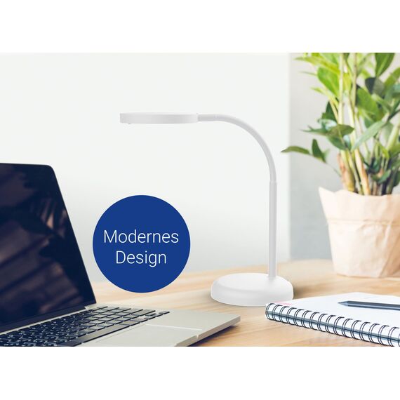MAUL Schreibtischlampe LED MAULjoy | Kleine Schreibtischlampe mit Standfuß | Moderne Tischlampe für Schreibtisch, Büro | Flexible Lampe mit 3000K warmweißem Licht | Weiß