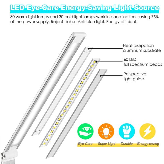 BIENSER Schreibtischlampe LED, 10W Wireless Charging, USB Ladefunktion, Bürolampe Tischlampe mit 10 Helligkeits X 5 Farbstufen Dimmbar, Memory Funktion, Sensible Kontrolle, 30/60 min Auto Timer, 20W