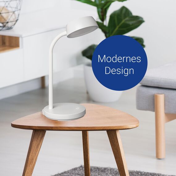 MAUL Schreibtischlampe LED MAULabby | Kleine Schreibtischlampe mit Standfuß | Moderne Tischlampe für Schreibtisch, Büro | Flexible LED Lampe mit 3000K warmweißem LED Licht | Weiß