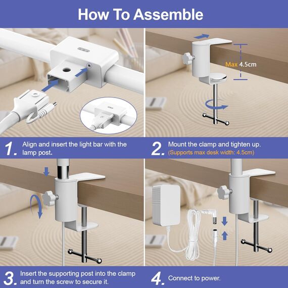 EppieBasic 24W Doppelkopf Schreibtischlampe LED Dimmbar, 80cm Groß Schreibtischlampe Klemmbar mit Touch, Augenschutz Schwanenhals Büro Tischlampe, Monitor Lampe, Automatisch dimmen, Timer - Weiß