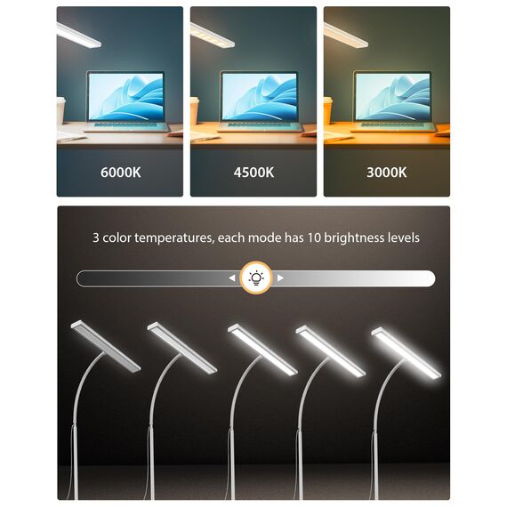 iFalarila 10W Schreibtischlampe Dimmbar - 160 LED Super Helle Klemmleuchte mit USB-Adapter | 3 Farbtemperaturen & 10 Helligkeitsstufen | 70cm Flexiblem Schwanenhals, Arbeitslampe für Home Office