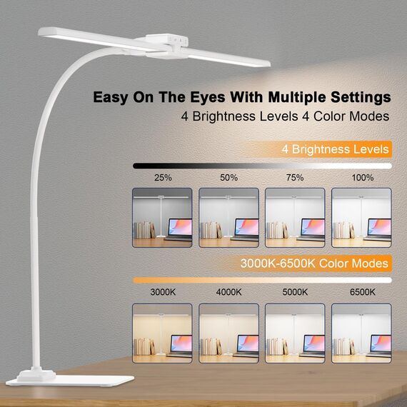 EppieBasic 24W Doppelkopf Schreibtischlampe LED Dimmbar mit Metallbasis, 80cm Groß Schreibtischlampe für Homeoffice, Augenschutz Schwanenhals Büro Tischlampe, Monitor Lampe, Tageslichtlampe - Weiß