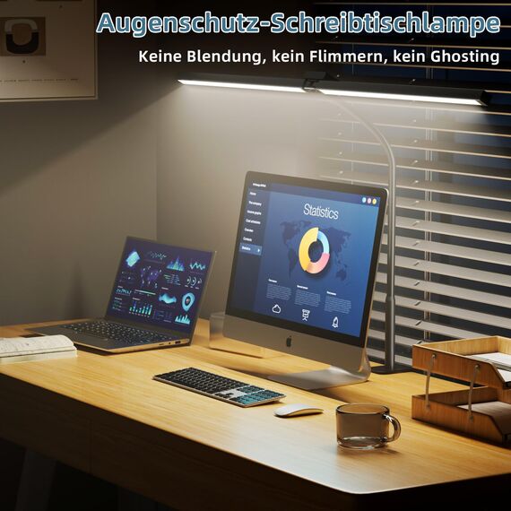 brightower Doppelkopf Schreibtischlampe LED Dimmbar, 24W 80CM Schreibtischlampe klemmbar für Homeoffice, Augenschutz Tageslichtlampe mit Fernbedienungen, Schwanenhals Büro Tischlampe 5 Farbmodi