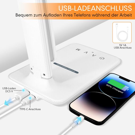 Jumoking Schreibtischlampe LED Dimmbar Augenschutz,Desk Lamp mit 5 Farben und 5 Helligkeitsstufen,Tischlampemit USB Ladeanschluss Touch Steuerung für Kinder, Schlafzimmer, Lektüre, Büros (White Pro)