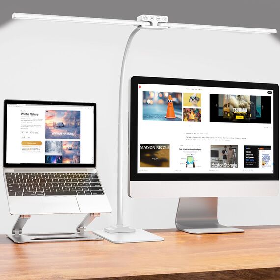 EppieBasic 24W Doppelkopf Schreibtischlampe LED Dimmbar mit Metallbasis, 80cm Groß Schreibtischlampe für Homeoffice, Augenschutz Schwanenhals Büro Tischlampe, Monitor Lampe, Tageslichtlampe - Weiß