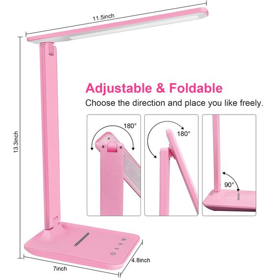 Jumoking Schreibtischlampe LED Dimmbar Augenschutz,Desk Lamp mit 5 Farben und 5 Helligkeitsstufen,Tischlampemit USB Ladeanschluss Touch Steuerung für Kinder, Schlafzimmer, Lektüre, Büros (Pink)