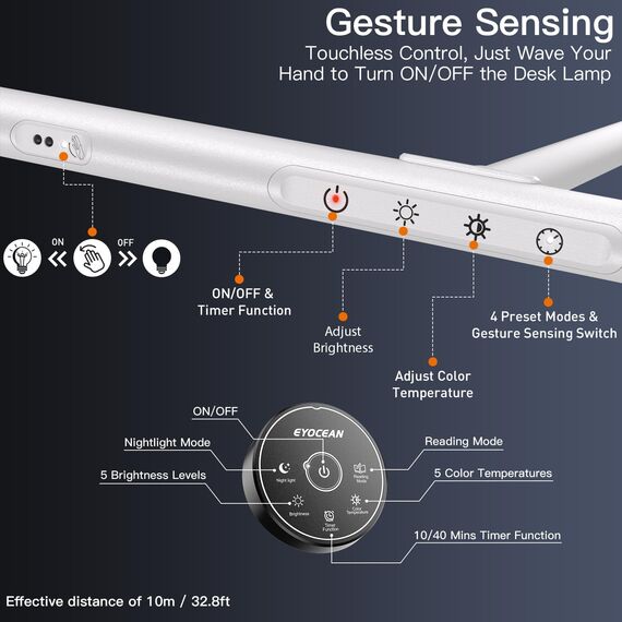 EYOCEAN Schreibtischlampe LED mit Gestensteuerung & Fernbedienung, 24W 80CM Klemmbare Schreibtischlampen, Dimmbare Einstellbare Farbtemperaturen Monitor Lampe, Tageslichtlampe für Heimbüro, Weiß