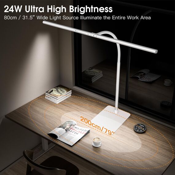 EYOCEAN Schreibtischlampe LED mit Gestensteuerung & Fernbedienung, Dimmbare Monitor Lampe 24W 80cm, Tageslichtlampe Schreibtisch für Homeoffice, Bürolampe mit Sockel, Tischlampe, Mattweiß
