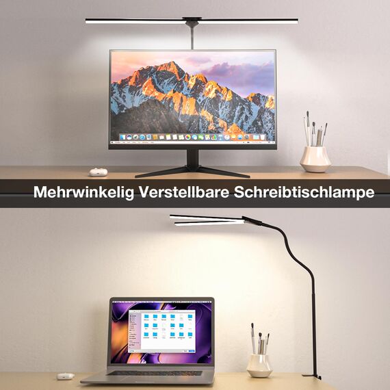 Hensam Schreibtischlampe LED Dimmbar, 1400LM Doppelkopf Schreibtischlampen Klemmbar, Bürolampe mit Schwanenhals für Zuhause und Studio, CRI>83, 5 Farbtemperatur-Helligkeitsstufen, Schwarz