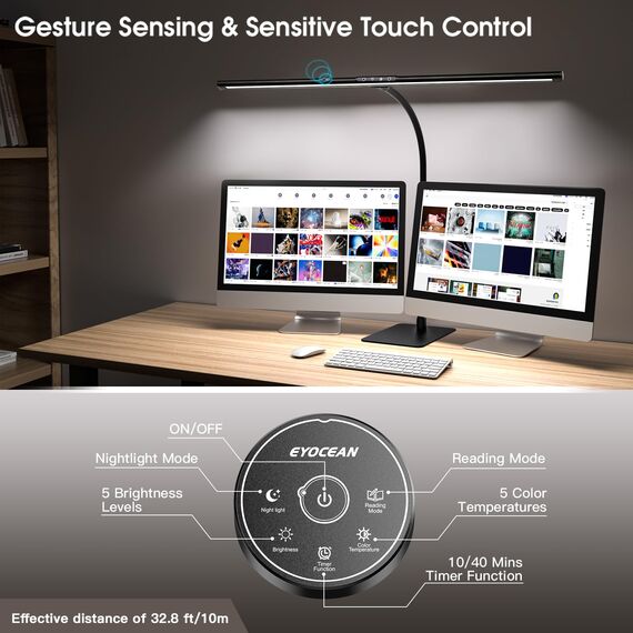 EYOCEAN Schreibtischlampe LED mit Gestensteuerung & Fernbedienung, Dimmbare Monitor Lampe 24W 80cm, Tageslichtlampe Schreibtisch für Homeoffice, Bürolampe mit Sockel, 5 Farbtemperaturmodi Tischlampe