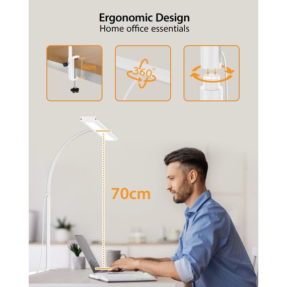 iFalarila 10W Schreibtischlampe Dimmbar - 160 LED Super Helle Klemmleuchte mit USB-Adapter | 3 Farbtemperaturen & 10 Helligkeitsstufen | 70cm Flexiblem Schwanenhals, Arbeitslampe für Home Office