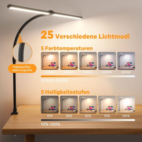 APMIEK Doppelkopf Schreibtischlampe LED Dimmbar, 24W 80CM Klemmbar Tageslichtlampe Schreibtisch Lampe, Schwanenhals Büro Tischlampe Augenschutz Arbeitsplatzleuchte Monitor Lampe, schwarz