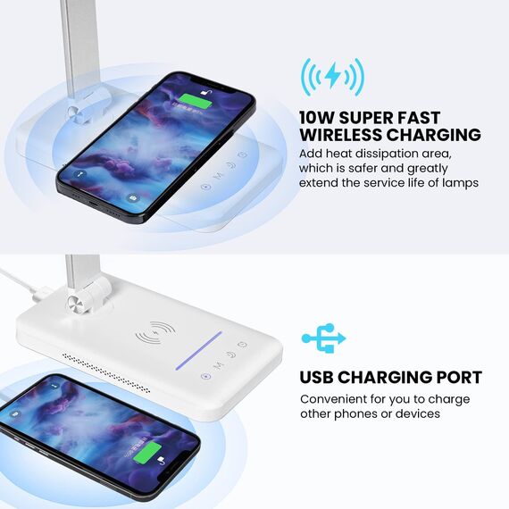 Schreibtischlampe, LED-Tischlampe mit kabellosem Qi-Ladegerät, 10 W, USB-Ladefunktion, 1200 Lux LED-Schreibtischlampe, dimmbar, Leselampe, Nachtlicht, Speicherfunktion, empfindliche Steuerung, 6000 K,