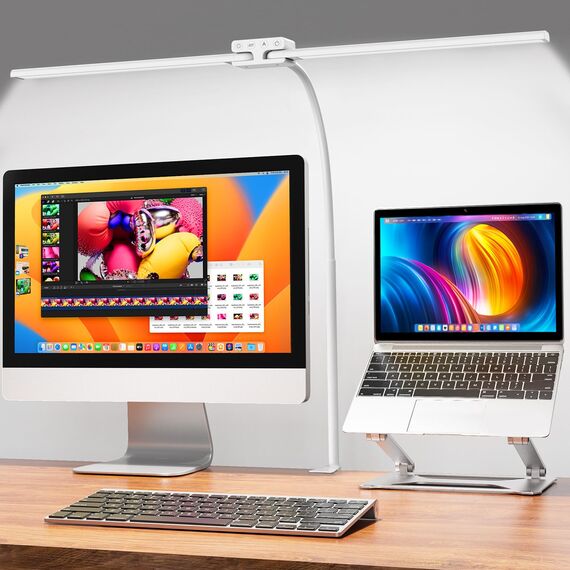 EppieBasic 24W Doppelkopf Schreibtischlampe LED Dimmbar, 80cm Groß Schreibtischlampe Klemmbar mit Touch, Augenschutz Schwanenhals Büro Tischlampe, Monitor Lampe, Automatisch dimmen, Timer - Weiß