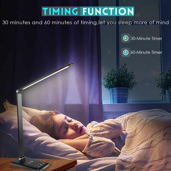 BIENSER Schreibtischlampe LED, 10W Wireless Charging & USB Ladefunktion, Bürolampe Tischlampe mit 10 Helligkeits X 5 Farbstufen Dimmbar, Memory Funktion, Sensible Kontrolle, 30/60 min Auto Timer, 20W