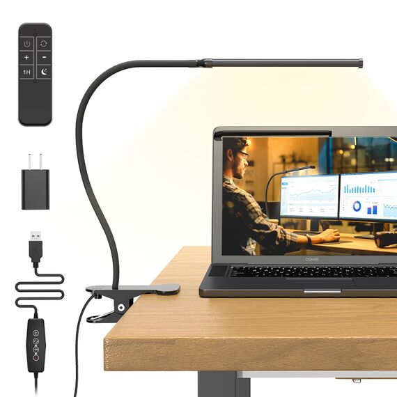 Mojimdo Schreibtischlampe 77 LED mit Fernbedienung [Beeindruckende Lichtleistung] 40CM Klemmlampe, 3 Farben & 5 Helligkeitsstufen, 360° Flexibel mit USB-Ladegerät