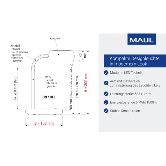 MAUL Schreibtischlampe LED MAULabby | Kleine Schreibtischlampe mit Standfuß | Moderne Tischlampe für Schreibtisch, Büro | Flexible LED Lampe mit 3000K warmweißem LED Licht | Weiß