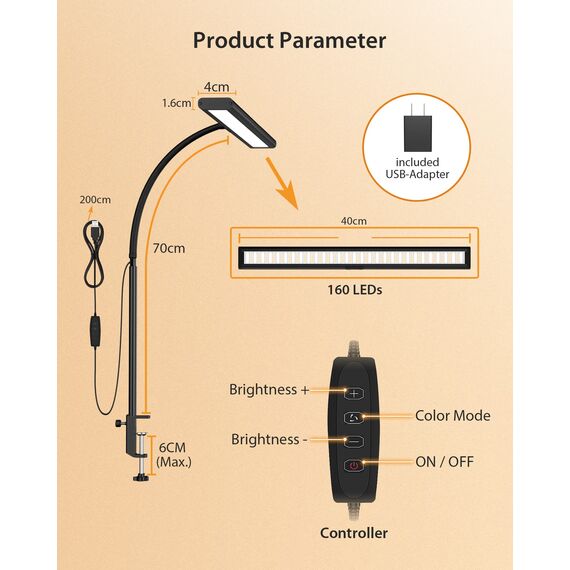 iFalarila 10W Schreibtischlampe Dimmbar - 160 LED Super Helle Klemmleuchte mit USB-Adapter | 3 Farbtemperaturen & 10 Helligkeitsstufen | 70cm Flexiblem Schwanenhals, Arbeitslampe für Home Office