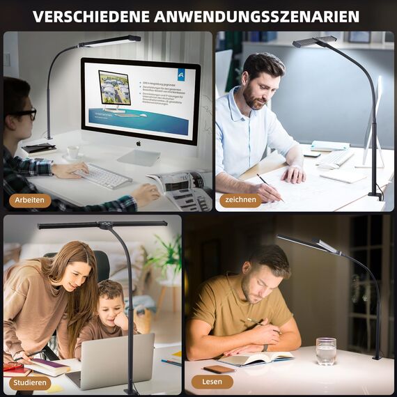 Schreibtischlampe LED Dimmbar, Schreibtischlampe Klemmbar mit Fernbedienungen, 5 Farben und 5 Helligkeitsstufen Monitor Lampe, Büro Tischlampe, Tageslichtlampe Schreibtisch, Speicherfunktion, Schwarz