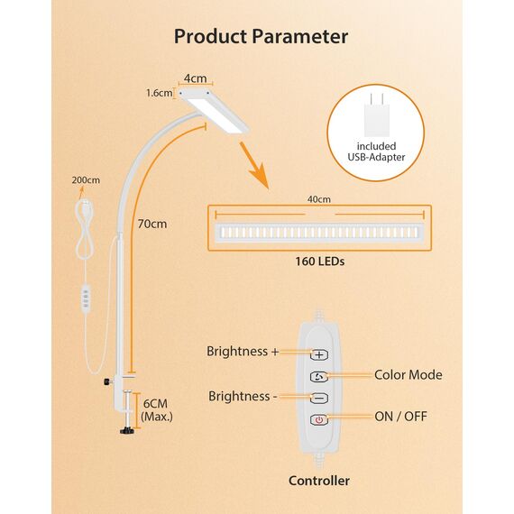 iFalarila 10W Schreibtischlampe Dimmbar - 160 LED Super Helle Klemmleuchte mit USB-Adapter | 3 Farbtemperaturen & 10 Helligkeitsstufen | 70cm Flexiblem Schwanenhals, Arbeitslampe für Home Office