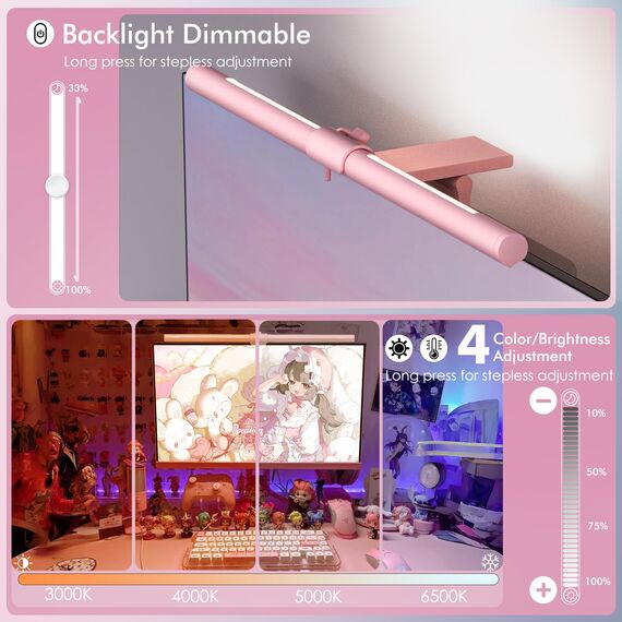 Quntis Rosa Computer Monitor Lampe mit Hintergrundbeleuchtung Fernbedienung, 40cm Curved Monitor Light Bar, Augenschonende Bildschirmlampe LED, Geschenke für Frauen Mädchen, Bürolampe für HomeOffice