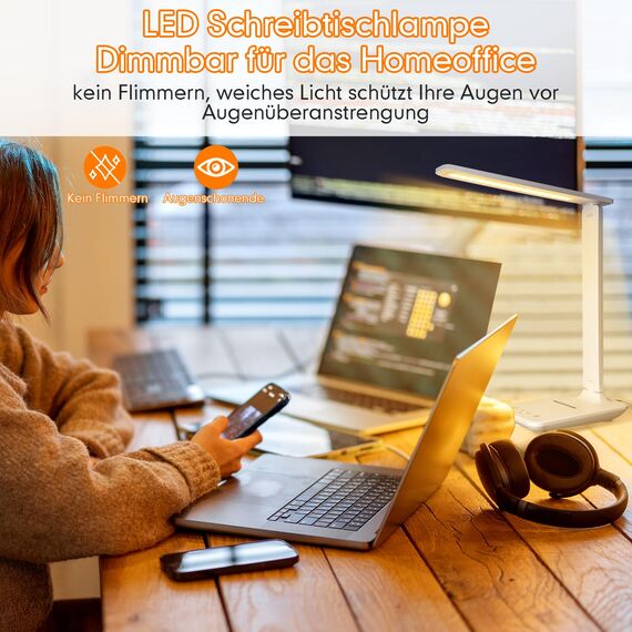 Jumoking Schreibtischlampe LED Dimmbar Augenschutz,Desk Lamp mit 5 Farben und 5 Helligkeitsstufen,Tischlampemit USB Ladeanschluss Touch Steuerung für Kinder, Schlafzimmer, Lektüre, Büros (White Pro)