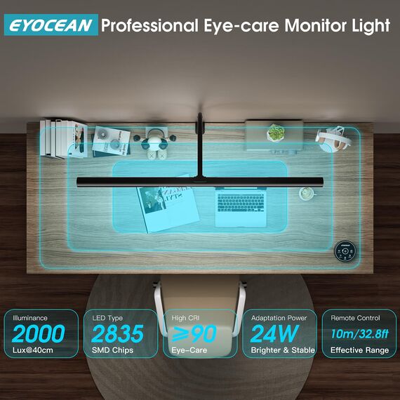EYOCEAN Schreibtischlampe LED mit Gestensteuerung & Fernbedienung, 24W 80CM Klemmbare Dimmbare Monitor Lampe, Tageslichtlampe für Arbeiter in Büro Leser Architekenden Schneider