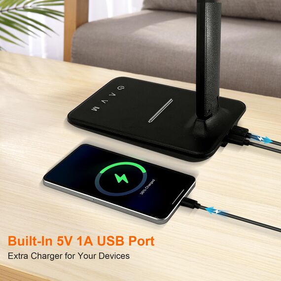 Jumoking Schreibtischlampe LED Dimmbar Augenschutz,Desk Lamp mit 5 Farben und 5 Helligkeitsstufen,Tischlampemit USB Ladeanschluss Touch Steuerung für Kinder, Schlafzimmer, Lektüre, Büros (Black)